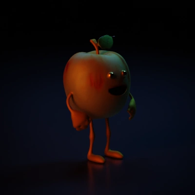 Anthropomorphic apple with limbs and face.