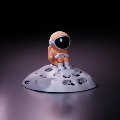 Astronaut sitting on moon crater, cartoon style.