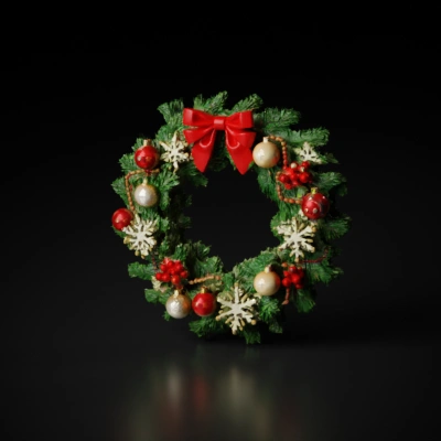 A 3D model of a Christmas wreath with PBR materials, including textures of red berries, golden decorations, and green pine needles, 2K resolution, realistic style, suitable for rendering.