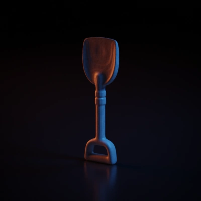 Plastic toy shovel, small handle, flat blade. symmetric geometry, smooth edges, simple geometry, game-ready