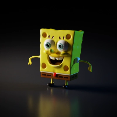Cartoon sponge character with holes, wears square pants.