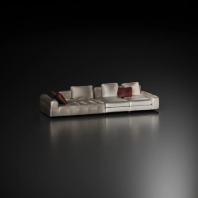 Modern sectional sofa, multiple cushions.