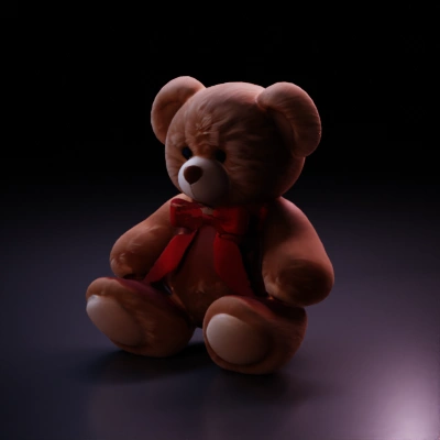 Teddy bear with ribbon, plush, stuffed figure.