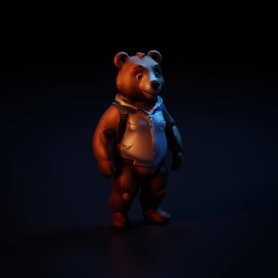 Cute anthropomorphic bear with a backpack, smiling.