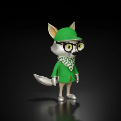 Cartoon wolf, stylish outfit, glasses, and green hat.