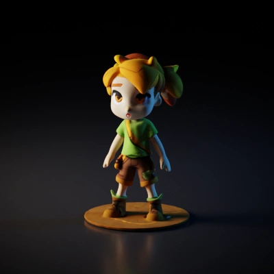 Animated young adventurer, cartoonish style, carrying small bag.