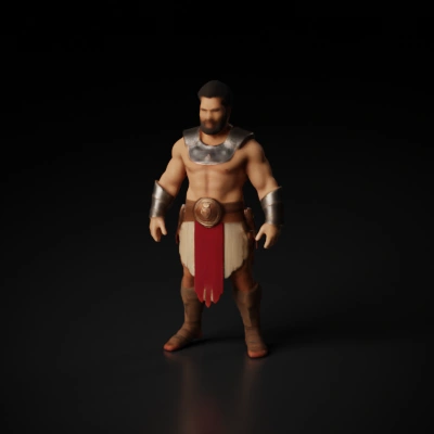 Warrior character with armor, determined stance.