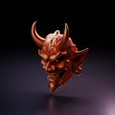 Fierce demonic face, horns, snarling expression.