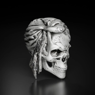 Skull with turban, etched patterns.