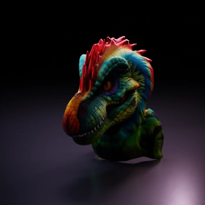 Dinosaur-like creature, vibrant scales, reptilian features.