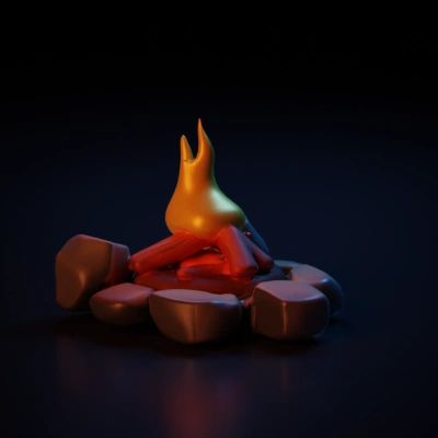 Campfire with logs and stones.