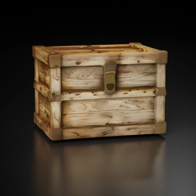 Wooden storage crate, reinforced with metal brackets.