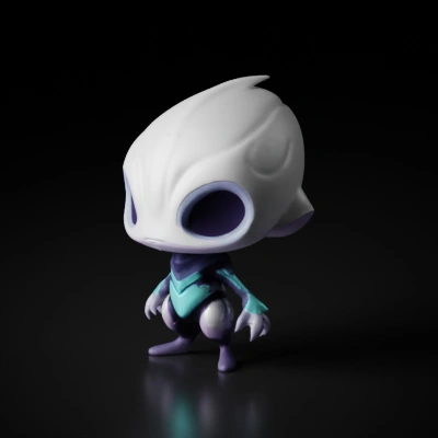 Alien character with a rounded large head large eyes and a little puff, and humanoid form, stylized features.