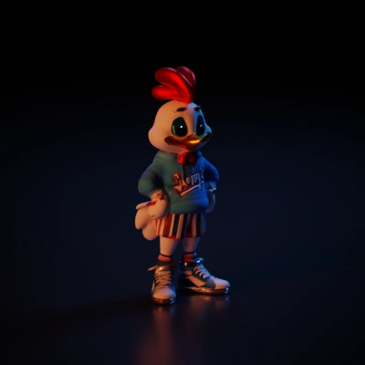 Cartoon character chicken, sporty outfit, animated features.