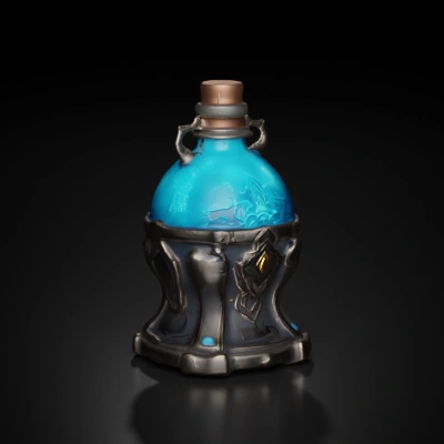 Fantasy potion bottle, ornate decorative stand.