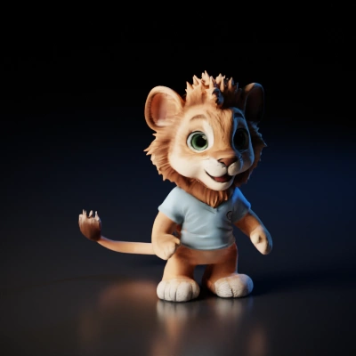 Cartoon baby lion with big eyes, smiling face.