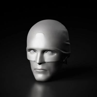 Realistic head sculpt of man in mask for action figure toy.