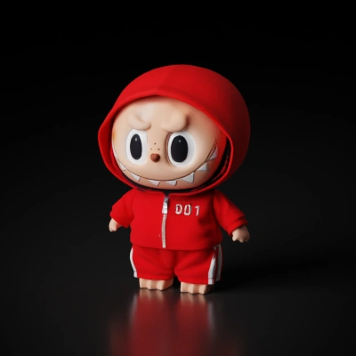 Small toy figure in red hooded tracksuit.