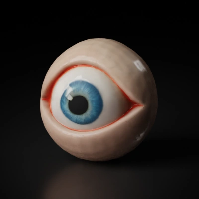 Realistic human eye ball with skin, iris, veins, detailed.