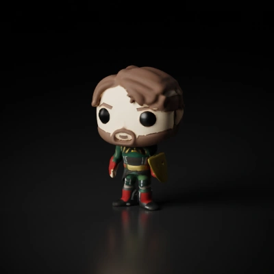 Stylized cartoon character with beard and action outfit.