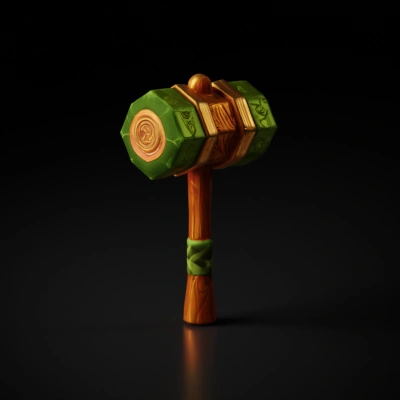 Wooden toy hammer with green accents.