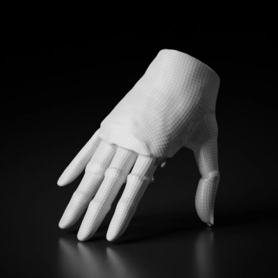 Wooden mannequin hand, intricate cloth detail.
