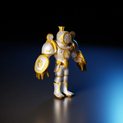 Clock-faced armored character, intricate details.