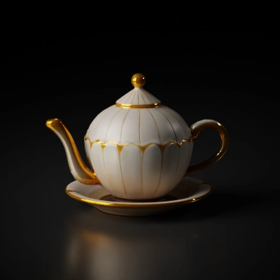 Elegant teapot with ornate handle and spout.