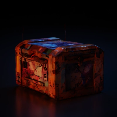 Crate with graffiti and neon lights, cyberpunk style.