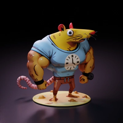 Muscular anthropomorphic rat with a clock.