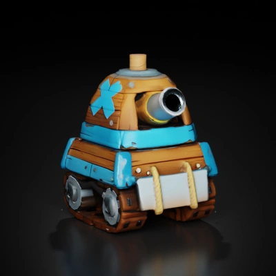 Cartoonish wooden tank with cannon, treads.