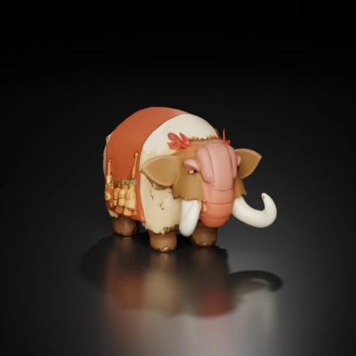 Fluffy mammoth with tusks and carrying gear. hand-painted, pastel colors, world of warcraft style, Arcane style