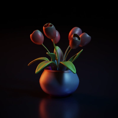 Potted tulips in a spherical vase.