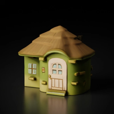 Cartoonish small house with rounded roof.