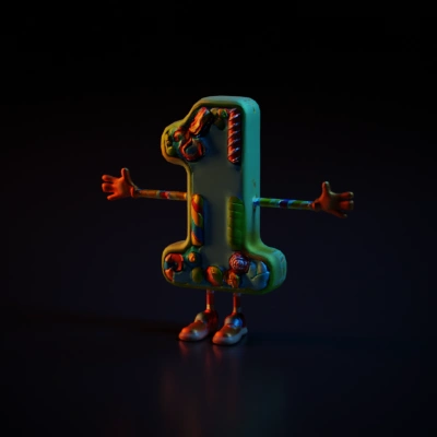 Candy-themed number one character with arms and legs.