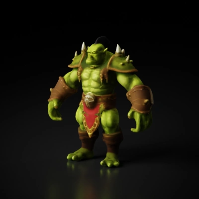 Orc warrior, armor with spikes, muscular build, stylized, in style of world of warcraft, hand painted, artistic, toon, leather armor, brow and red clothes