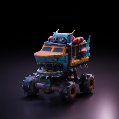 Shark-themed cartoony monster truck, exaggerated design, heavy armor, spikes.