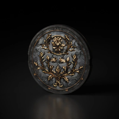Intricate floral medallion, ornate and decorative. in gold and black marble