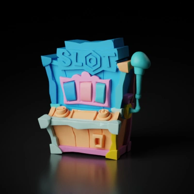 A wooden slot machine. sharp edges, simple geometry, game-ready.