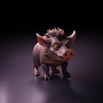 Boar-like creature with exaggerated features, standing, smiling.