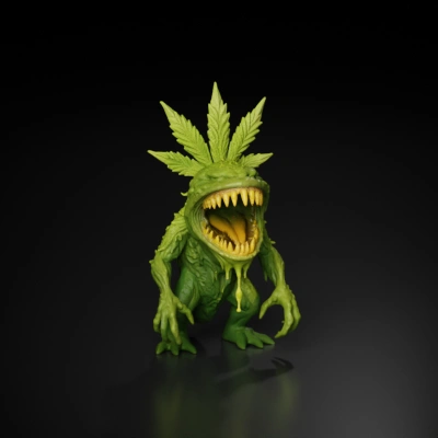 Fierce marijuana plant monster with large round head, resin drool and sharp teeth.