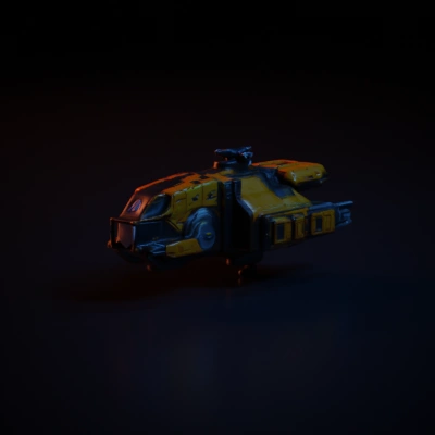 Futuristic armored space transport, heavily armed.