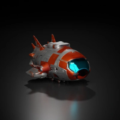Futuristic spaceship with panel details, rounded cockpit.