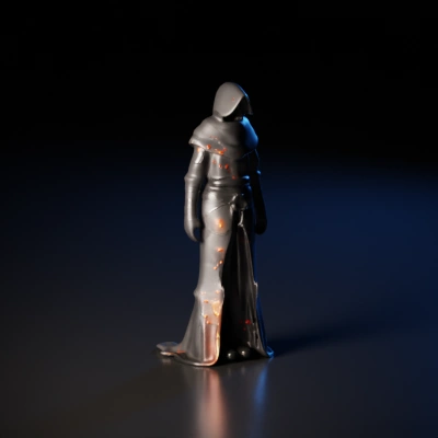 Dark hooded figure with mysterious aura, skeletal belt.