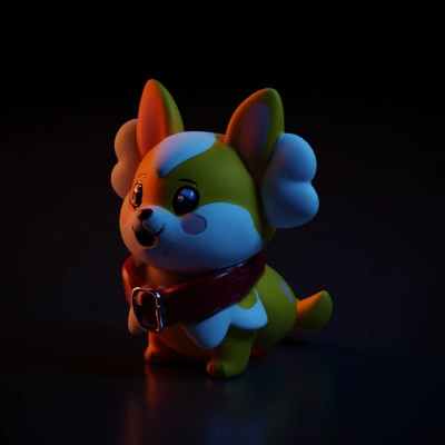 Chai Gou. a cheerful orange and white figurine of a dog wearing a red collar, standing on a red cushion, with one paw slightly raised and a joyful, tongue-out expression