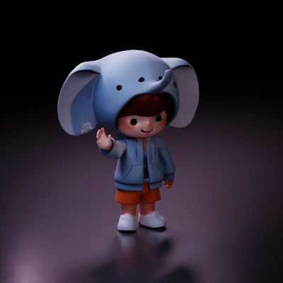 Cartoon child in elephant costume, friendly waving.