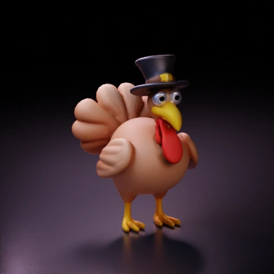Cartoon turkey dressed as a pilgrim.