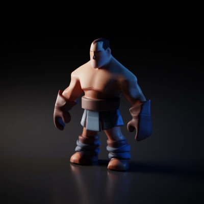 Muscular cartoon warrior, oversized gloves, blue skirt.