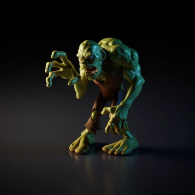 Green muscular monster with tattered clothes.