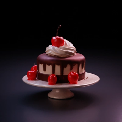 Melting chocolate cake with cherries and cream. Liquid